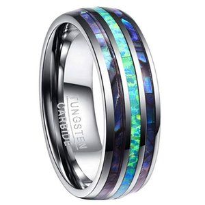 Nuncad 8mm Tungsten Caibide Wedding Ring Band Abalone Shell And Synthetic Opal